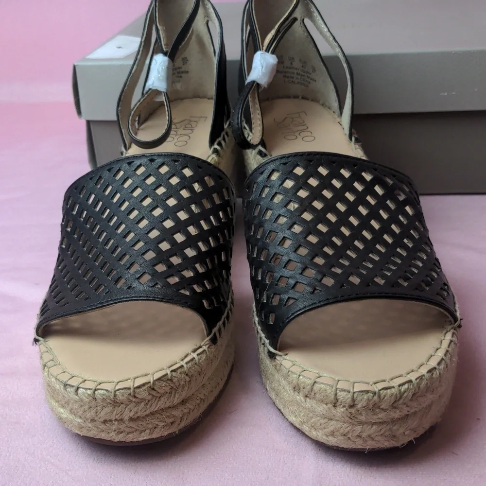Franco Sarto Leather Black Calabria Wedge Sandals size 10